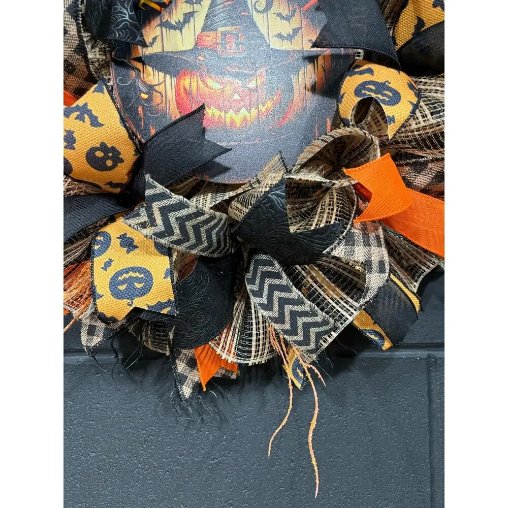 Halloween Wreath For Front Door Spooky Pumpkin Orange and Black Handmade 26 in